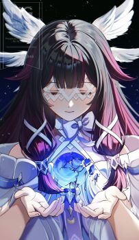 1girl black_hair bow closed_eyes closed_mouth columbina_(genshin_impact) commentary dress eye_mask facing_viewer genshin_impact hair_ribbon head_wings highres long_hair mask multicolored_hair pink_hair popopo_84 ribbon see-through_clothes see-through_mask sidelocks solo twitter_username two-tone_hair upper_body watermark white_bow white_dress white_ribbon white_wings wings