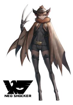 1girl annoyed bat_girl belt black_belt black_boots black_leotard boots brown_cape brown_hair brown_pantyhose cape claws commentary dark_skin eidenjyou1997 emblem english_commentary fewer_digits full_body fur_collar fur_trim genderswap genderswap_(mtf) highres kamen_rider koumorujin leotard looking_at_viewer mechanical_arms mechanical_ears monster_girl neo_kamen_rider pantyhose parted_lips red_eyes shocker_(kamen_rider) short_hair simple_background single_mechanical_arm solo standing teeth thigh_boots white_background