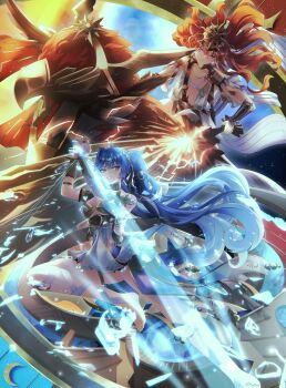 2girls absurdres ahoge ancient_greek_clothes arm_armor armlet augusta_(wuthering_waves) bare_shoulders barefoot black_collar blue_eyes blue_hair breasts bridal_gauntlets cleavage closed_mouth collar commentary dress earrings feet gold_bra gradient_hair greatsword greco-roman_clothes hair_between_eyes head_wreath headgear highres holding holding_sword holding_weapon iuno_(wuthering_waves) jewelry lolbyts long_hair looking_at_viewer medium_breasts multicolored_hair multiple_girls orange_hair parted_lips riding shards single_bridal_gauntlet smile sun_earrings sword tacet_discord_(wuthering_waves) thighlet thighs toes twintails vambraces weapon white_bridal_gauntlets white_dress wuthering_waves