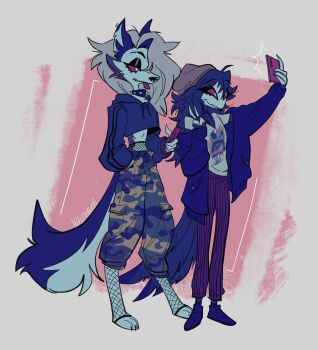 2girls :p animal_ears animal_nose artist_name beak beanie black_choker black_eyeshadow blue_collar blue_feathers blue_footwear blue_hair blue_hoodie blue_jacket camouflage camouflage_pants cellphone choker closed_mouth collar colored_sclera cropped_hoodie drawstring eyeshadow feathers fishnet_pantyhose fishnets full_body furry furry_female grey_fur grey_hair grey_headwear half-closed_eyes halpdevon hand_in_pocket hat hellaverse helluva_boss highres holding holding_phone hood hoodie jacket long_hair long_sleeves looking_at_phone loona_(helluva_boss) makeup midriff multiple_girls octavia_(helluva_boss) off_shoulder open_clothes open_jacket owl_girl pants pantyhose phone pink_background print_shirt profanity purple_pants red_sclera selfie shirt shoes simple_background smartphone smile spiked_collar spikes standing striped_clothes striped_pants tail taking_picture tongue tongue_out two-tone_background two-tone_fur v vertical-striped_clothes vertical-striped_pants white_background white_eyes white_fur white_shirt wolf_ears wolf_girl wolf_tail