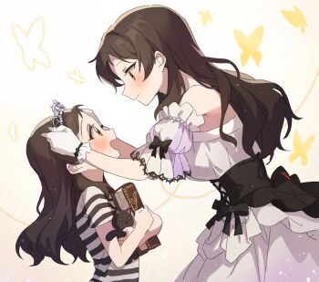 2girls absurdres aged_down blush book breasts brown_eyes brown_hair bug butterfly closed_mouth commentary_request detached_sleeves dress dual_persona eye_contact from_side golden_butterfly hano9789 highres holding holding_book holding_stuffed_toy idolmaster idolmaster_million_live! idolmaster_million_live!_theater_days insect kitazawa_shiho kitazawa_shiho_(princess_story) korean_commentary long_hair looking_at_another multiple_girls open_mouth profile puffy_detached_sleeves puffy_sleeves shirt striped_clothes striped_shirt stuffed_animal stuffed_cat stuffed_toy tiara white_dress