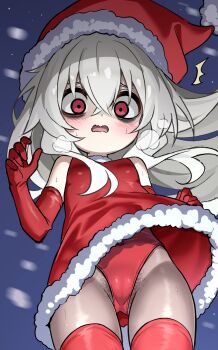 1girl blush breath christmas dress eha7y elbow_gloves embarrassed female_pubic_hair fur_trim gloves gluteal_fold groin hat highres loli long_hair open_mouth original outdoors pale_skin panties protected_link pubic_hair pubic_hair_peek red_dress red_eyes red_gloves red_hat red_panties red_thighhighs santa_hat sleeveless sleeveless_dress snow solo surprised thighhighs thighs underwear wasabi-chan_(eha7y) white_hair wide-eyed wind wind_lift