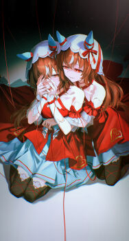 2girls absurdres animal_ears bare_shoulders black_thighhighs blue_skirt brown_hair closed_mouth detached_sleeves dress hair_between_eyes highres horse_ears horse_girl horse_tail kneeling long_hair looking_at_another multiple_girls red_dress red_eyes seikatsu seiza sitting skirt smile still_in_love_(scarlet_vow_raiment)_(umamusume) still_in_love_(umamusume) tail thighhighs umamusume veil white_veil wrist_cuffs