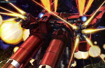 absurdres artist_request asteroid battle beam_cannon energy_beam explosion firing gundam gundam_perfect_file gundam_unicorn highres machinery magazine_scan mecha mecha_focus mobile_armor nebula neo_zeon neo_zeong no_humans official_art realistic robot scan science_fiction space star_(sky) thrusters vernier_thrusters zero_gravity