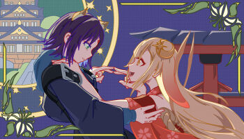 Rule 34 | 2girls, absurdres, animal ear fluff, animal ears, architecture, blonde hair, blue hoodie, cho kaguya-hime!, commentary request, crescent, crescent hair ornament, east asian architecture, facial mark, forehead mark, fox ears, green eyes, hair ornament, highres, hood, hoodie, japanese clothes, kaguya (cho kaguya-hime!), kimono, long hair, looking at another, miko embrace, multiple girls, nanguibeijiang, orange eyes, purple hair, rabbit ears, sakayori iroha, short hair, straight hair, yuri