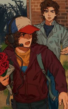 Rule 34 | 2boys, baseball cap, blue shirt, bouquet, brown hair, c-fish, dustin henderson, flower, hat, headphones, highres, holding, holding bouquet, hood, hoodie, male focus, multiple boys, red hoodie, shirt, short hair, steve harrington, stranger things