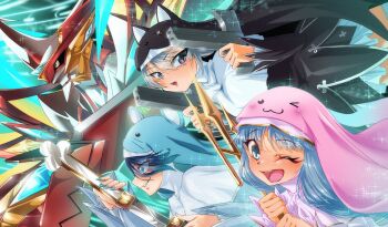 Rule 34 | 1boy, 3girls, absurdres, black dress, black eyes, black sclera, blue eyes, blue hair, colored sclera, commission, digimon, dress, dual wielding, gerusyu, grey hair, gun, highres, holding, holding gun, holding polearm, holding sword, holding weapon, horns, jesmon, jesmon gx, katana, long hair, looking at viewer, multiple girls, nail polish, nun, pink dress, pixiv commission, polearm, single horn, sistermon blanc, sistermon ciel, sistermon noir, smirk, sword, trident, weapon, white dress, yellow eyes