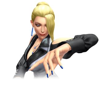1girl blonde_hair breasts cleavage curvy dress earrings female_focus formal_clothes hair_bun huge_breasts jewelry large_breasts long_hair long_sleeves looking_at_viewer mature_(kof) pale_skin smile smiley_face suit the_king_of_fighters