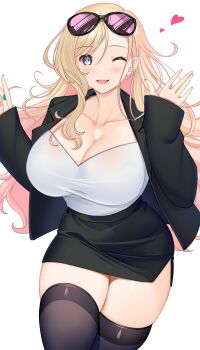 Rule 34 | 1girl, ;d, black-framed eyewear, black skirt, black thighhighs, blonde hair, blue eyes, blue nails, blush, breasts, cleavage, eyewear on head, gradient hair, hands up, hataraki kuma, heart, high-waist skirt, highres, large breasts, long hair, long sleeves, looking at viewer, miniskirt, multicolored hair, nail polish, office lady, one eye closed, open mouth, original, pencil skirt, pink hair, purple-tinted eyewear, shirt, side slit, skirt, sleeves past wrists, smile, solo, sunglasses, thighhighs, tinted eyewear, very long hair, white shirt, zettai ryouiki