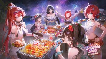 6+girls aerial_fireworks alternate_costume aqua_eyes baizhi_(wuthering_waves) bangs_pinned_back bare_shoulders beach black_eyes black_hair braid breasts brown_hair camera chinese_commentary chixia_(wuthering_waves) chyoel circle_facial_mark closed_mouth commentary_request cooking criss-cross_halter cup danjin_(wuthering_waves) denim denim_shorts drinking_glass eyewear_on_head facial_mark fireworks flower food glasses grill grilling grin hair_between_eyes hair_flower hair_ornament halterneck hand_on_own_hip hat highres holding holding_camera holding_cup large_breasts lemonade long_hair looking_at_viewer low_twin_braids mark_under_both_eyes multiple_girls night off-shoulder_shirt off_shoulder official_art one_eye_closed outdoors parted_bangs ponytail purple_eyes red_eyes red_flower red_hair red_skirt second-party_source shirt short_hair shorts skirt sky smile steak sunglasses taking_picture thighs twin_braids twintails very_long_hair white_hat white_shirt white_skirt wuthering_waves yangyang_(wuthering_waves) yinlin_(wuthering_waves) zhezhi_(wuthering_waves)