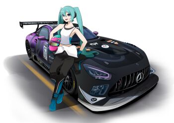 1girl absurdres black_jumpsuit blue_eyes blue_gloves blue_hair blue_shoes car electronic_arts gloves hatsune_miku helmet highres holding holding_unworn_helmet holeecrab jumpsuit jumpsuit_around_waist logo looking_at_viewer mercedes-benz mercedes-benz_amg_gt motor_vehicle open_mouth parking_lot race_vehicle racecar shirt shoes sleeveless sleeveless_shirt smile sneakers solo spoiler_(automobile) sponsor twintails unworn_headwear unworn_helmet vehicle_focus vocaloid white_background white_shirt