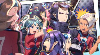 2girls 3boys black_sclera blonde_hair blue_eyes closed_eyes colored_sclera dark-skinned_male dark_skin dolustoy epsilon_(inazuma_eleven) goalkeeper green_hair grey_hair highres inazuma_eleven inazuma_eleven_(series) kuri_fuuko long_hair multiple_boys multiple_girls musical_note mutou_satoshi open_mouth orange_eyes pointy_ears purple_hair red_eyes red_shirt saginuma_osamu segata_ryuuichirou shirt soccer_uniform sportswear sumeragi_maki sweatdrop