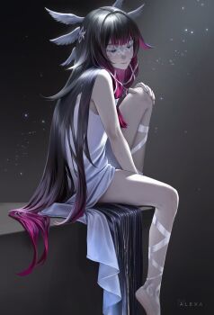 1girl artist_name barefoot black_hair closed_eyes closed_mouth columbina_(genshin_impact) dress eye_mask from_side genshin_impact hair_ornament hand_on_own_knee hashtag-only_commentary head_wings highres knee_up long_hair m_alexa mask multicolored_hair pink_hair simple_background sitting smile solo star_(sky) starry_sky_background streaked_hair two-tone_hair very_long_hair white_dress wings