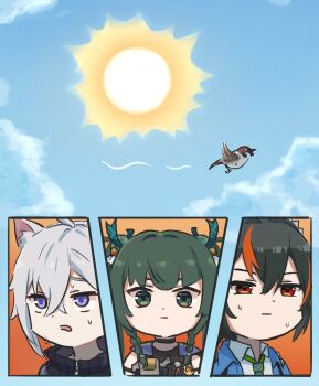 1boy 2girls animal_ears bird black_hair blue_sky cat_ears chibi chibi_only closed_mouth cloud green_eyes green_hair grey_hair highres multiple_girls purple_eyes qingyi_(zenless_zone_zero) red_eyes seth_lowell shirt sky sparrow sun sweat white_shirt xinzoruo zenless_zone_zero zhu_yuan