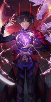 Rule 34 | 1boy, absurdres, alternate costume, armor, black hair, blunt ends, cyborg, doll joints, eyeliner, eyeshadow, fingernails, genshin impact, gnosis (genshin impact), gold, hand up, highres, honkai (series), honkai impact 3rd, horns, japanese armor, jewelry, joints, kote, kurokote, looking at viewer, makeup, male focus, mandarin collar, mask on shoulder, mitsudomoe (shape), moon, neck ring, open hand, open hands, parted lips, purple eyes, purple lightning, raiden mei, raiden mei (herrscher of thunder), red eyeliner, red eyeshadow, red horns, red mask, red moon, red sash, roninewt, sash, scaramouche (genshin impact), smirk, solo, straight-on, tomoe (symbol), torii, white mouth