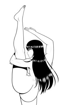 1girl arm_around_leg arm_up armpits ass back barefoot breasts brown_eyes brown_hair capcom casual_nudity chun-li completely_nude dimples_of_venus exercising eyelashes feet female_focus flexible from_behind grabbing_own_thigh hair_down happy highres huge_ass leg_grab leg_up legs light_smile long_hair looking_afar matching_hair/eyes medium_breasts monochrome muscular_legs neck nude nudist official_alternate_hairstyle parted_bangs profile shoulder_blades sideboob sidelocks signature simple_background solo spread_legs standing standing_on_one_leg street_fighter thick_thighs thighs toenails toes toned unworn_clothes walkingdeadmann white_background