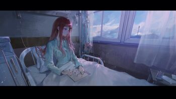 00608d 1girl absurdres bed blue_shirt blunt_bangs bouquet cloud curtains drawing_(object) eyelashes flower hashtag-only_commentary highres hospital hospital_bed intravenous_drip iori_junpei long_hair long_sleeves mountainous_horizon paper persona persona_3 pink_eyes pink_flower red_hair see-through_curtains shirt sitting sky solo table under_covers very_long_hair window yoshino_chidori
