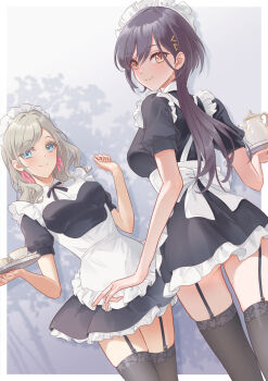 2girls absurdres alternate_costume apron ass_peek black_dress black_ribbon black_thighhighs blue_eyes border breasts ceras_yanagida_lilienfeld commentary cowboy_shot cup dress edel_note enmaided frilled_apron frilled_dress frills garter_straps grey_hair hair_ornament hair_ribbon highres holding holding_tray jellyfish_cut katsuragi_izumi kobassy link!_like!_love_live! long_hair looking_at_viewer love_live! maid medium_breasts microdress multiple_girls neck_ribbon outside_border pink_ribbon puffy_short_sleeves puffy_sleeves ribbon saucer short_sleeves teacup teapot thighhighs tray triangle_hair_ornament underbust virtual_youtuber waist_apron wavy_hair white_apron white_border