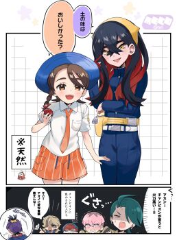 Rule 34 | 3boys, 4girls, :d, abe (kumayu), arven (pokemon), belt, belt buckle, black hair, blue hat, blue jacket, blue pants, braid, breast pocket, brown eyes, brown hair, buckle, buttons, carmine (pokemon), chibi, collared shirt, commentary request, eyelashes, fanny pack, fuecoco, hand up, hat, highres, holding, holding poke ball, jacket, juliana (pokemon), kieran (pokemon), long sleeves, multicolored hair, multiple boys, multiple girls, necktie, nintendo, open mouth, orange necktie, orange shorts, ortega (pokemon), pants, penny (pokemon), pocket, poke ball, poke ball (basic), pokemon, pokemon sv, red hair, rika (pokemon), school uniform, shirt, short sleeves, shorts, smile, speech bubble, teeth, translated, two-tone hair, upper teeth only, white shirt, yellow bag