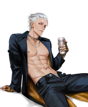 1boy abs absurdres black_choker black_jacket black_nails black_pants blue_eyes brown_gloves chain chain_necklace choker closed_mouth commentary cowboy_shot devil_may_cry devil_may_cry_(series) devil_may_cry_3 ear_piercing earrings english_commentary eyebrow_piercing face_piercing fingerless_gloves gloves hand_up henoopd highres holding_bun invisible_chair jacket jewelry lips looking_at_viewer male_focus monster_energy navel necklace nipples nose open_clothes open_fly open_jacket pants pectorals piercing short_hair simple_background sitting solo toned toned_male vergil_(devil_may_cry) white_background white_hair white_pants zipper