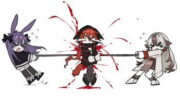 &gt;_&lt; 3girls animal_ears arknights black_bow black_pantyhose black_thighhighs blank_eyes bleeding blood blush_stickers boots bow brown_skirt chibi chibi_only chinese_commentary coat commentary_request constriction crownslayer_(arknights) crying crying_with_eyes_open flying_sweatdrops gameplay_mechanics hair_bow hemostatic highres holding holding_rope hood hood_up hooded_jacket injury jacket long_hair long_sleeves multiple_girls multiple_hair_bows open_clothes open_coat open_mouth pantyhose pulling purple_hair rabbit_ears rabbit_girl red_hair rope rope_(arknights) shirt simple_background skirt snowsant_(arknights) tears thighhighs white_background white_coat white_hair white_shirt