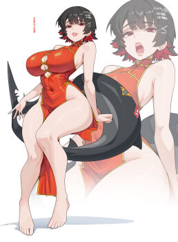 1girl absurdres alternate_breast_size_(larger) alternate_costume barefoot black_hair breasts china_dress chinese_clothes colored_inner_hair dress ellen_joe fins fish_tail highres huge_breasts melowh multicolored_hair open_mouth pelvic_curtain red_dress red_eyes red_hair shark_girl shark_tail sharp_teeth short_hair simple_background sleeveless sleeveless_dress tail teeth toes two-tone_hair white_background wide_hips zenless_zone_zero zoom_layer