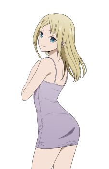 1girl absurdres ass blonde_hair blue_eyes braid commentary coro_fae cowboy_shot dot_nose dress from_behind hand_up hayasaka_ai highres kaguya-sama_wa_kokurasetai_~tensai-tachi_no_renai_zunousen~ long_hair looking_at_viewer looking_back microdress purple_dress simple_background sleeveless sleeveless_dress smile smithee_a._haysaca solo split_mouth standing turning_head white_background