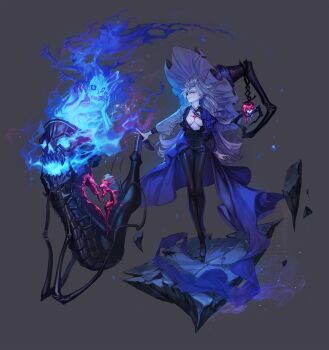 1girl apple between_breasts black_footwear black_hat black_jacket black_pants blue_cape blue_ribbon breasts breasts_apart cape chap_sal_! eyepatch food frilled_hat frills fruit full_body grey_background grey_hair grey_sleeves hair_slicked_back hat hat_ornament heart high-waist_pants highres holding holding_instrument horn_(instrument) instrument jacket jewelry large_breasts light_particles long_hair long_sleeves looking_at_viewer neck_ribbon no_shirt open_clothes open_jacket original pants parted_lips pendant platform_footwear popped_collar profile red_eyes ribbon rock shrug_(clothing) side_cape simple_background single_sleeve skull smile solo spirit standing thorns witch witch_hat