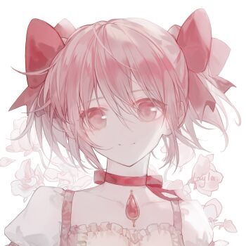 1girl bow bow_choker center_frills chest_jewel chinese_commentary choker closed_mouth collarbone commentary_request dress eyes_visible_through_hair floral_background frilled_dress frills gem hair_between_eyes hair_bow happy highres kaname_madoka layla_836829767 magical_girl mahou_shoujo_madoka_magica mahou_shoujo_madoka_magica_(anime) pink_eyes pink_gemstone pink_hair puffy_short_sleeves puffy_sleeves red_bow red_choker short_hair short_sleeves short_twintails smile solo square_neckline twintails upper_body white_background white_sleeves yellow_dress