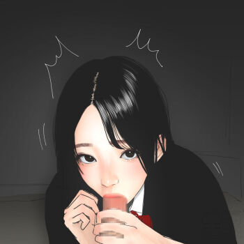 1girl black_eyes black_hair black_shirt blush censored dark_background erection fellatio handjob hetero implied_ejaculation kawa_kit long_hair looking_at_viewer mosaic_censoring oral original penis school_uniform shirt simple_background solo_focus trembling