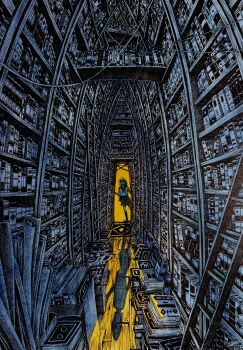 1girl absurdres blue_theme book bookshelf commentary_request doorway highres ibsukionsen indoors ladder library original pile_of_books scenery school_uniform serafuku shadow solo spot_color standing traditional_media wide_shot