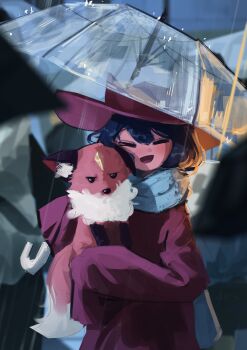 Rule 34 | 1girl, 1other, absurdres, androgynous, animal, animal ear fluff, animal hat, animal nose, black ears, black fur, blue hair, blue scarf, brown coat, brown hat, cat hat, closed eyes, coat, commentary, english commentary, fox, fox tail, hat, highres, holding, holding animal, holding umbrella, jitome, medium hair, neck fur, niko (oneshot), oneshot (game), open mouth, orange fur, outdoors, rain, rue (oneshot), scarf, shadches72, sleeves past fingers, sleeves past wrists, smile, tail, transparent, transparent umbrella, umbrella, upper body, white fur