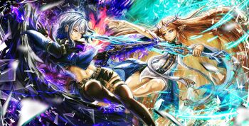 2girls artdroiiid_ii black_gloves black_shorts black_thighhighs blonde_hair cartethyia_(wuthering_waves) commentary english_commentary faceoff galbrena_(wuthering_waves) gloves grey_hair gun highres holding holding_gun holding_sword holding_weapon multiple_girls navel pointy_ears purple_eyes shorts sidelocks stomach sword tabard thigh_strap thighhighs weapon white_tabard wuthering_waves