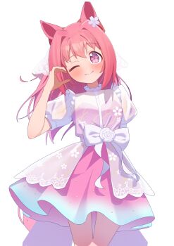 1girl ;) absurdres animal_ears blush border closed_mouth commentary_request cowboy_shot dress ear_flower flower flower-shaped_pupils freely2327 half-heart_hands haru_urara_(sunny_passion)_(umamusume) haru_urara_(umamusume) highres horse_ears horse_girl layered_dress long_hair looking_at_viewer official_alternate_costume one_eye_closed pink_dress pink_eyes pink_hair puffy_short_sleeves puffy_sleeves short_sleeves simple_background smile solo standing symbol-shaped_pupils umamusume veil wedding_dress white_background white_border white_dress white_flower white_veil