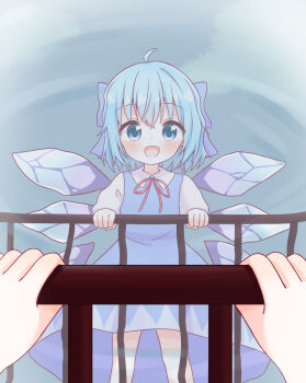 1girl :d ahoge blue_bow blue_dress blue_eyes blue_hair blush bow cirno collared_shirt detached_wings dot_nose dress fairy fairy_wings holding_railing ice ice_wings looking_at_reflection open_mouth pinafore_dress railing red_bow reflection reflection_focus shirt short_hair sleeveless_dress smile solo toriki_fukuro touhou white_sleeves wings
