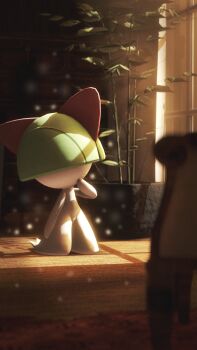 Rule 34 | 3d, closed mouth, freasaloz, full body, gen 3 pokemon, hand on own chin, highres, indoors, light particles, nintendo, no humans, plant, pokemon, pokemon (creature), potted plant, ralts, solo, source filmmaker (medium), standing, window shadow, wooden floor