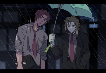 2boys black_coat black_pants blue_eyes blue_umbrella brown_hair character_request coat commentary curtained_hair english_commentary hand_in_pocket head_tilt highres holding holding_umbrella jitome letterboxed looking_at_viewer loose_necktie male_focus multiple_boys necktie original pants rain red_hair red_necktie shirt short_hair smoking umbrella unower_s wet wet_clothes white_shirt