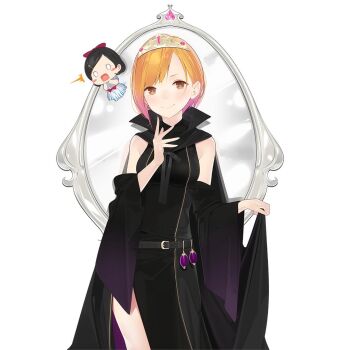 1girl ama_mitsuki bare_shoulders black_dress detached_sleeves dress mirror orange_eyes orange_hair short_hair side_slit sister_claire_(uchihime) tiara uchi_no_hime-sama_ga_ichiban_kawaii wide_sleeves