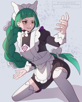 1girl apron artist_name black_romper blunt_bangs bow bowtie braid braided_ponytail green_hair grin highres juliet_sleeves lebanne_(pokemon) long_braid long_hair long_sleeves maid maid_apron maid_headdress mozukusa nintendo on_one_knee pink_lips pokemon pokemon_legends:_z-a puffy_sleeves romper smile solo thighhighs tsurime white_bow white_bowtie white_thighhighs