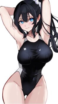 1girl absurdres armpits arms_behind_head arms_up bare_arms bare_legs black_hair black_one-piece_swimsuit blue_eyes borrowed_character breasts closed_mouth commission covered_navel cowboy_shot double-parted_bangs gluteal_fold hair_between_eyes highres large_breasts legs_together light_blush long_hair one-piece_swimsuit original ponytail scrunchie second-party_source sidelocks simple_background skeb_commission standing star_(symbol) star_in_eye suzuno_woto sweatdrop swimsuit symbol_in_eye wavy_mouth white_background white_scrunchie