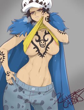 1girl absurdres angry areola_slip arm_tattoo black_hair breast_tattoo breasts cabbagebinn canon_genderswap clothes_lift denim female_focus genderswap genderswap_(mtf) hand_on_own_hip hat highres jeans large_breasts looking_at_viewer navel nipples no_bra one_piece pants shirt_lift solo tattoo teeth trafalgar_law trafalgar_law_(female) underboob wet wide_hips wiping_sweat wiping_with_clothes