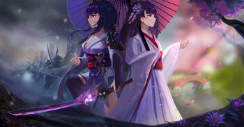 2girls absurdres armor behind_another blunt_bangs blurry blurry_background cherry_blossoms commentary flower flower_ornament from_side genshin_impact glowing glowing_sword glowing_weapon hair_ornament highres holding holding_sword holding_umbrella holding_weapon japanese_clothes katana kimono long_hair long_sleeves makoto_(genshin_impact) meginalter multiple_girls musou_isshin_(genshin_impact) oil-paper_umbrella outdoors purple_eyes purple_hair purple_kimono raiden_shogun red_sash sash shade shoulder_armor siblings sisters sword tree twins umbrella upper_body weapon wide_sleeves wisteria