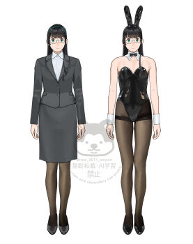 1girl absurdres animal_ears black_hair black_leotard black_shoes blazer brown_pantyhose closed_mouth commentary_request detached_collar fake_animal_ears formal_clothes glasses green_eyes grey_jacket grey_skirt highres jacket kantai_collection legs leotard long_hair looking_at_viewer multiple_views ojipon ooyodo_(kancolle) pantyhose playboy_bunny rabbit_ears shoes simple_background skirt skirt_suit solo standing suit watermark white_background wrist_cuffs