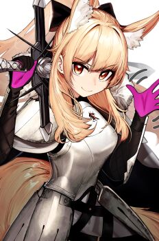1girl absurdres animal_ear_fluff animal_ears arknights armor armored_dress black_gloves blemishine_(arknights) blonde_hair brown_eyes brown_tail closed_mouth commentary dress gloves hair_between_eyes highres holding kazimierz_logo long_hair penguin4 pink_gloves simple_background smile solo tail waving white_background