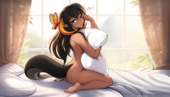 1girl absurdres artist_collaboration ass black_hair blush bug butterfly commentary completely_nude convenient_censoring curtains dark-skinned_female dark_skin dragon_girl dragon_horns dragon_tail english_commentary fan_request feet highres holding holding_pillow horns humanization indoors insect light_particles long_hair looking_at_viewer monarch_butterfly morning narikusha nude official_art on_bed one_eye_closed open_mouth orange_eyes pillow pointy_ears princess_reni rubbing_eyes sitting tail tom_fischbach twokinds wariza