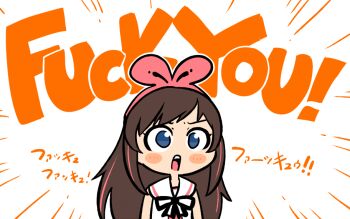 Rule 34 | 1girl, blue eyes, blush stickers, bow, bowtie, brown hair, chibi, emphasis lines, english text, female focus, hairband, kizuna ai, kizuna ai (1st costume), kizuna ai inc., long hair, multicolored hair, open mouth, pink bow, pink hair, pink hairband, profanity, rariatto (ganguri), sailor collar, shirt, simple background, sleeveless, sleeveless shirt, solo, streaked hair, tareme, translated, upper body, v-shaped eyebrows, virtual youtuber, white background, white bow, white bowtie, white sailor collar, white shirt