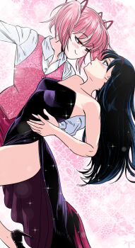 Rule 34 | 2girls, absurdres, akemi homura, alternate costume, bare arms, bare shoulders, black dress, black hair, blush, breasts, closed mouth, collared shirt, dancing, dress, eye contact, eyebrows hidden by hair, floral background, grs-, hair between eyes, hair ribbon, hairband, half-closed eyes, high heels, highres, kaname madoka, long dress, long hair, long sleeves, looking at another, mahou shoujo madoka magica, multiple girls, neck, non-web source, parted lips, pink background, pink hair, pink vest, purple eyes, purple hairband, red eyes, red ribbon, ribbon, shirt, short hair, side slit, small breasts, smile, straight hair, strapless, strapless dress, surprised, twintails, very long hair, vest, waistcoat, white shirt, yuri