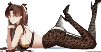 Rule 34 | 1girl, ass, black bra, bra, breasts, brown hair, commentary request, earrings, elbow rest, fate/grand order, fate (series), from side, gold earrings, grin, high heels, highres, ishtar (fate), jewelry, lace pantyhose hooked on heel (meme), long hair, looking at viewer, lying, medium breasts, meme, on stomach, pantyhose, red eyes, redsoon, simple background, smile, solo, two side up, underwear, underwear only, very long hair, white background