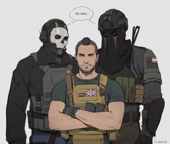3boys arm_hair austrian_flag bandolier beard_stubble belt black_belt black_gloves black_mask black_pants black_shirt blue_eyes blue_pants brown_hair bulletproof_vest call_of_duty call_of_duty:_modern_warfare_2 collared_shirt commentary crew_neck crossed_arms english_commentary english_text facial_hair ghost_(modern_warfare_2) gloves grey_vest headset helmet konig_(call_of_duty) looking_at_another looking_at_viewer male_focus mask mohawk multiple_boys pants pouch shared_thought_bubble shirt short_hair short_sleeves simple_background skull_print soap_(modern_warfare_2) speech_bubble stubble sun_stark tactical_clothes thought_bubble upper_body vest white_background
