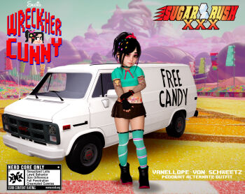 1girl 3d black_footwear black_skirt blouse blush character_name copyright_parody crop_top fingerless_gloves flat_chest full_body gloves gmc green_shirt green_thighhighs highres loli microskirt midriff motor_vehicle parody shirt skirt standing striped tagme text_focus thighhighs title_parody van vanellope_von_schweetz vehicle wreck-it_ralph